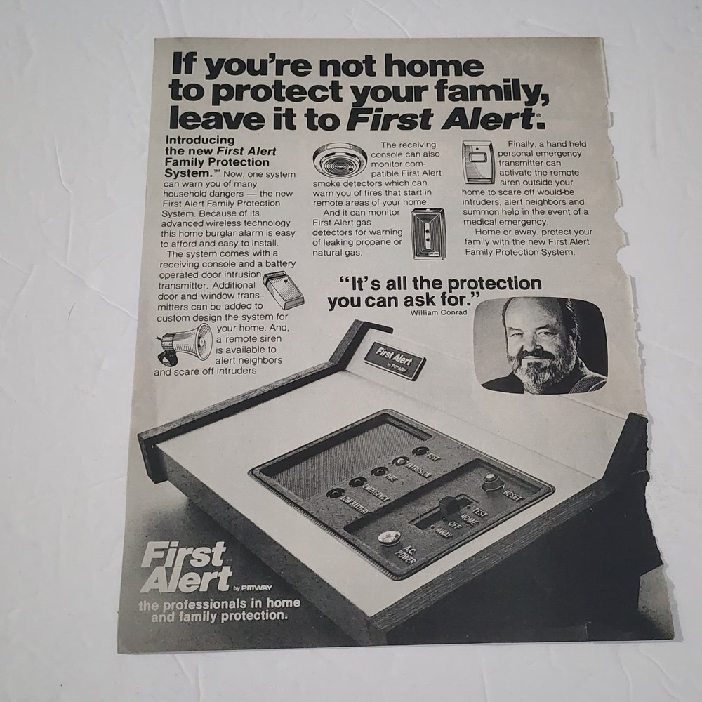 Vintage Print Ad First Alert Home Security William Conrad B&W 1979 clipping